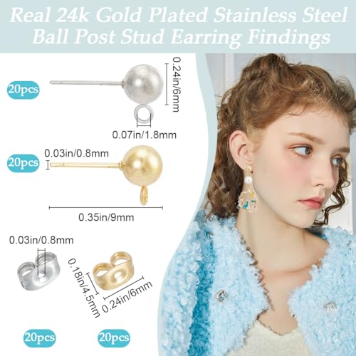 Beebeecraft 40Pcs 6mm Ball Post Stud Earring Findings 24K Gold Plated Stainless Steel Round Ear Stud with Loop and 20Pcs Ear Nuts Earrings Component for DIY Jewelry Making
