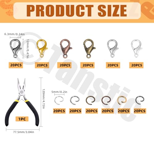 Tanstic 241Pcs 6 Colors Lobster Claw Clasps and Open Jump Rings Kit, 12mm Lobster Clasps, 5mm Jump Rings with Needle Nose Pliers for DIY Bracelet Necklace Jewelry Making - color: 6 Colors Jewelry Clasps + Jump Ring