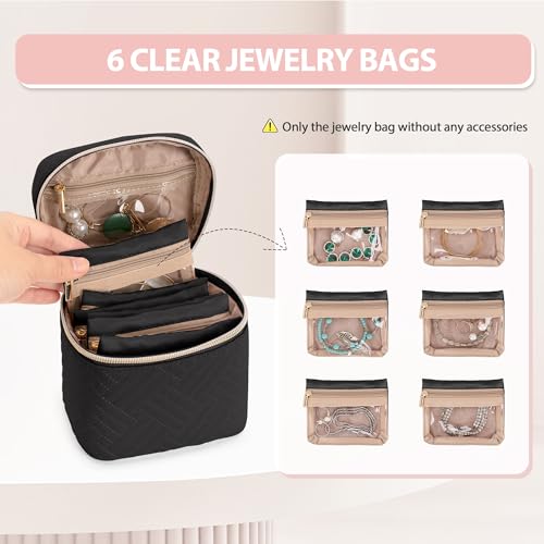 Teamoy Mini Jewelry Organizer with 6 Small Jewelry Bags, Travel Jewelry Storage Box for Necklaces, Rings, Earrings, Bracelets, Quilted Black - color: Black