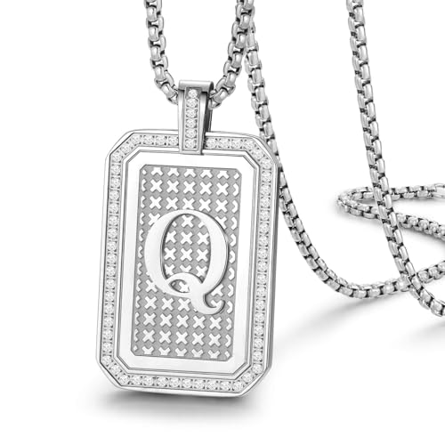 Initial Pendant Necklace Men Women Uppercase Silver Letter Diamond A-Z Stainless Steel Box 22 Inch - color: Silver-Q