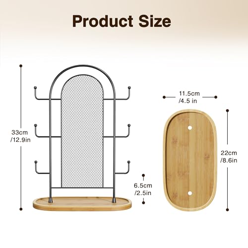 bussdis Jewelry Holder Organizer Earring Display - Stands Earring Storage Earring tree Hanger Jewelry Towers Rack with 6 Hooks 300 Stud Holes Wood Tray for Necklaces Bracelets Rings - color: Black