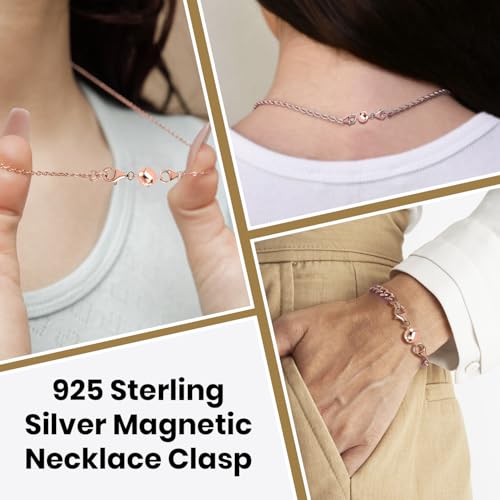 Magnetic Clasps for Necklaces in 925 Sterling Silver Magnetic Necklace Clasp 14K Rose Gold Plated Round Jewelry Lock with Lobster Clasp Women 2.50 Grams Gifts - color: Rose Gold