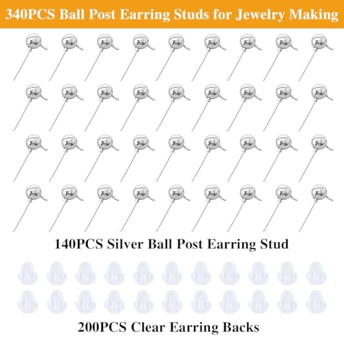 340PCS Ball Earring Studs and Backs for Jewelry Making, 140PCS Round Balls Post Earring Studs with Loop and and 200PCS Clear Backs for DIY Jewelry Making(White K) - color: silver