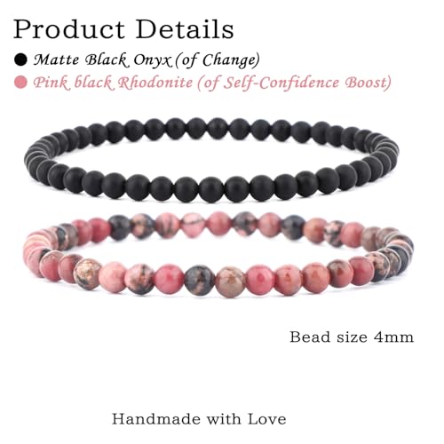NCB 2.3-Piece 4mm Natural Crystal Gemstone Stretch Bracelets – Handmade Reiki Energy Healing Jewelry for Meditation,Yoga, Unisex - color: 2PCS ( Pink black Rhodonite+Matte Black Agate ), size: 4mm