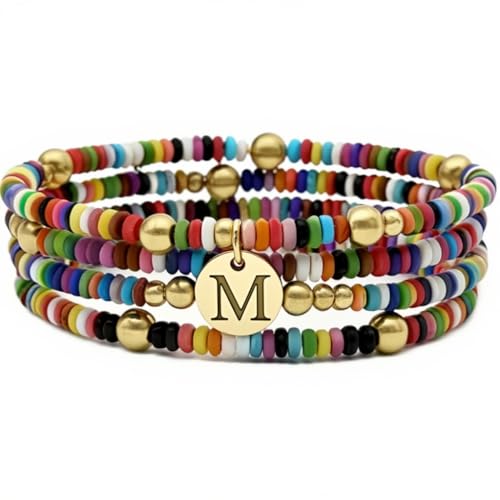 Set of 4 Colorful Bead Initial Bracelets, Personalized Stackable Jewelry, Adjustable Stretchy Charm Bracelets for Women, Beaded Bracelet Set, Trendy Custom Jewelry Gift - style: Colorful Bead - M