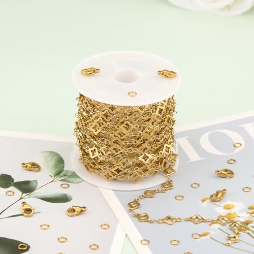 KYUNHOO 4 Meters Hollow Clover Leaf Jewelry Chain Roll Gold Plated Stainless Steel Chains for Jewelry Making with Lobster Clasps and Jump Rings for Necklace DIY - color: Leaf Clover Gold