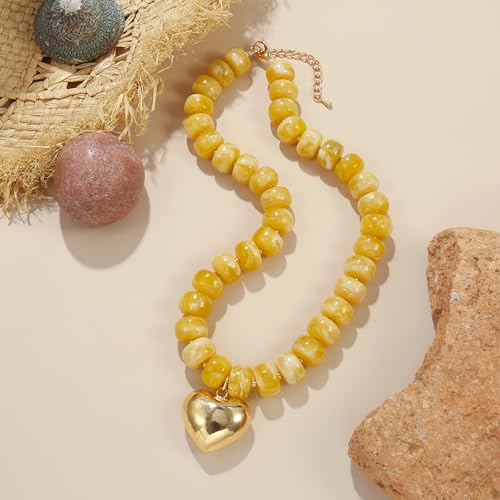 Chunky Heart Necklace for Women, Colorful Acrylic Beaded Statement Puff Heart Necklace, Cute Boho Y2K Choker Necklace for Gift Jewelry - color: Turmeric