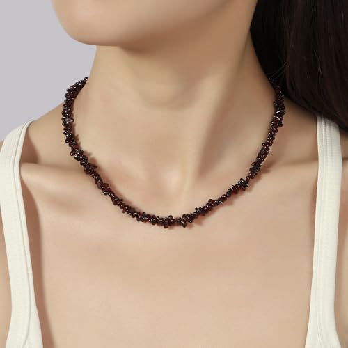 Raw Crystal Necklaces for Women 5-8mm Handmade Natural Stone Necklace Beaded Choker Necklace Healing Crystal Necklace Gemstone Necklace Raw Crystal Beaded Necklace for Her - style: Garnet