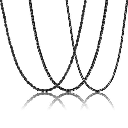 Graduation Gifts -3 Pcs Chain for Men Necklace for Boys 316L Stainless Steel Cuban Link/Figaro/Herringbone Chains Set Jewelry Gifts for Men Women Boys Black/Gold/Silver 16/18/20/22/24 Inches - color: Type B-Black, size: 18''