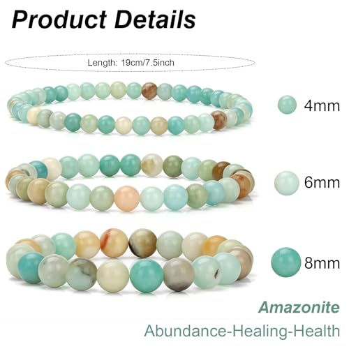 3Pcs Natural Healing Crystal Bracelets for Women Men, 4mm 6mm 8mm Beaded Stretch Bracelet Set, Black Tourmaline Natural Stone Gemstone Jewelry Gifts for Meditation, Reiki & Yoga - color: Amazonite