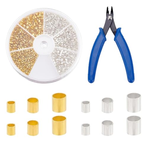PH PandaHall 3000 Pcs 3 Sizes 2 Colors Brass Tube Crimp Beads with 45# Steel Bead Crimping Pliers for Jewelry DIY Crafts Making