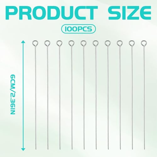 100PCS 2.75 Inch Stainless Steel Eye Pins for Jewelry Making, 70mm Metal Wire Eyepins, DIY Earring Beading Findings, 21 Gauge Open Eye Head Pins, 0.7mm Long Wire Eye Pins, Beading Pins for Jewelry DIY