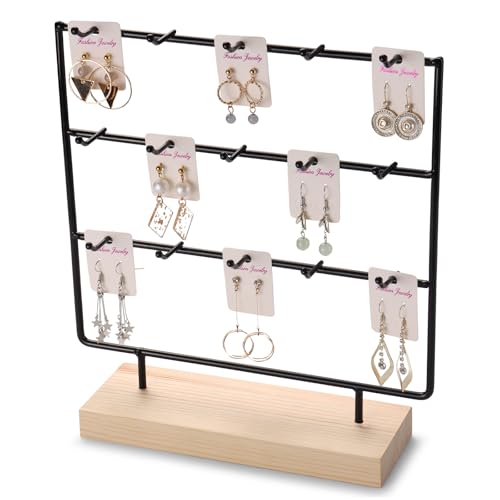 Earring Display Stands for Selling 3 Tier 15 Hooks Jewelry Display Wooden Base Earring Holder Organizer Display Stand for Necklaces Rings Bracelets Keychains (Black)