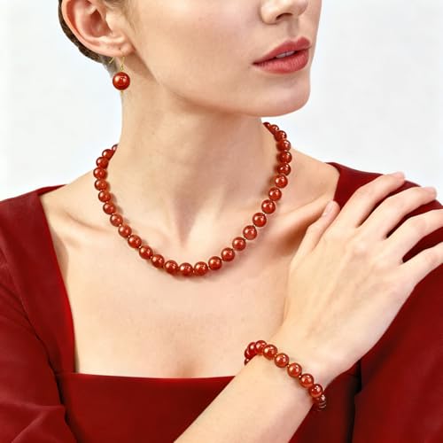 Gemstone Beaded Necklace for Women, Trendy 18K Gold Plated Hematite Natural Stone Bead Choker, Boho Handmade Summer Beach Necklaces for Women Everyday Western Jewelry Gifts - color: Red Carnelian