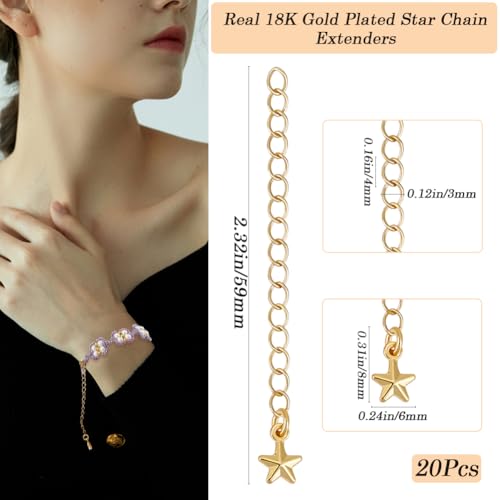 Beebeecraft 1 Box 20Pcs Golden Necklace Extender Real 18K Gold Plated Brass Metal 3D Star Shaped Charm Ends Tail Extension Curb Chain for Jewelry Making Necklaces Bracelets DIY Crafts Supplies - color: Gold-star