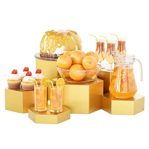 Metal Buffet Risers,6PCS Hexagonal Jewelry Display Risers 2.76 in to 4.02 in Market Display Stands Metal Showcase for Catering Dessert Figures Decoration (Gold, 2.76IN to 4.02IN) - color: Gold