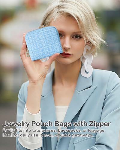 Travel Jewelry Case, Small Tweed Jewelry Bag with Zipper, 5-Layer Anti-Scratch Pouch for Bracelets Necklaces Earrings, Tangle-Free Jewelry Storage, Gift for Her Tweed Blue - color: WOVEN-Blue