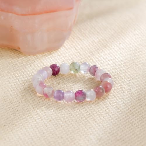 NLIEO Natural Gemstone Stretch Beaded Rings for Women Stackable Dainty Elastic Crystal Rings Jewelry - style: Indian Agate