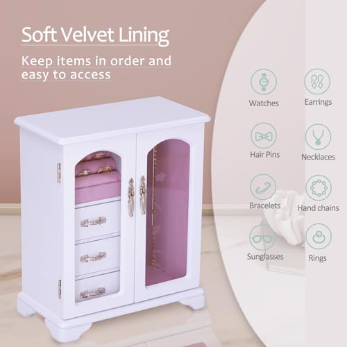 White Jewelry Box,Handle Carving Craft Wooden Jewelry Boxes,With Swivel Hook And Velvet Lining Large Jewelry Box For Women,Suitable As Gift For Friends