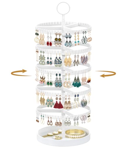 MODOWEY 5 Tier Rotating Earring Holder Organizer Display Tree with Metal Tray, Adjustable Plastic Stand with 285 Slots for Stud Hoop Hanger, Large Capacity Storage Rack for Women Space Saving, White - color: Glossy White