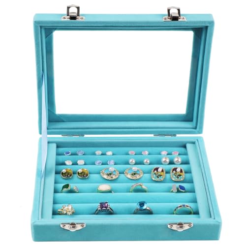 Jewelry Box Rings Organizer Tray 7 Slots Velvet Jewelry Earring Storage Box With Transparent Lid Jewelry Display Case for Girls Women (Light Blue) - color: Light Blue