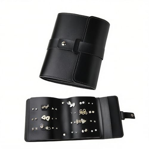 LAKE OF FIRE Earring Holder Organizer with Foldable Book Design Book Organizer, Portable Pu Leather Travel Earring Case (Black) - color: Black