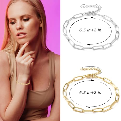 Exway 10 Pcs Paperclip Charm Bracelets Chain 6.5 Inch Stainless Steel Gold Chain Bracelets Kit with Lobster Clasps for Crafts DIY Women Jewelry Making - color: gold style B, size: 6.5in