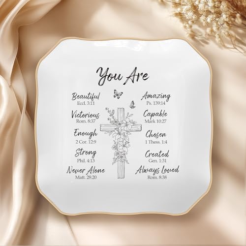 LITTLEBIGGER Christian Gifts – Bible Verses Jewelry Tray, Personalized Jewelry Dish, Spiritual and Religious Gifts for Women, Christian Faith-Based Gifts, Godmother Gift Ideas, Mothers Day gifts - style: Cross-Wavy square