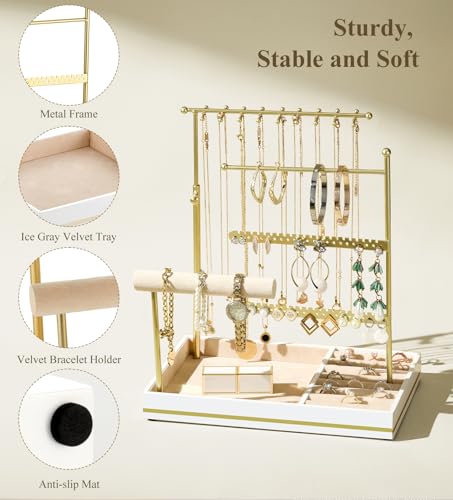 Emibele Jewelry Holder, Jewelry Organizer Stand Necklace Earrings Bracelet Holder, 5 Tier Jewelry Display Tower Rack with Metal Frame and Velvet Ring Tray, Aesthetic Jewelry Stand Gift for Women, Gold - color: Gold & White