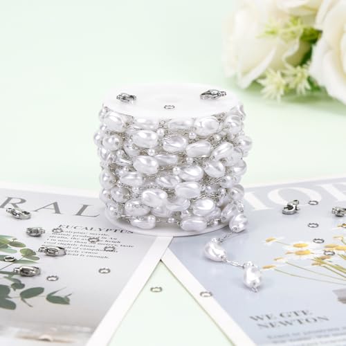 KYUNHOO 5 Meters Silver Stainless Steel Jewelry Chain Roll Faux Pearl Bead Chains with Lobster Clasps Jump Rings for Women Making Jewelry Crafts Finding Supplies - color: Irregular Bead Silver
