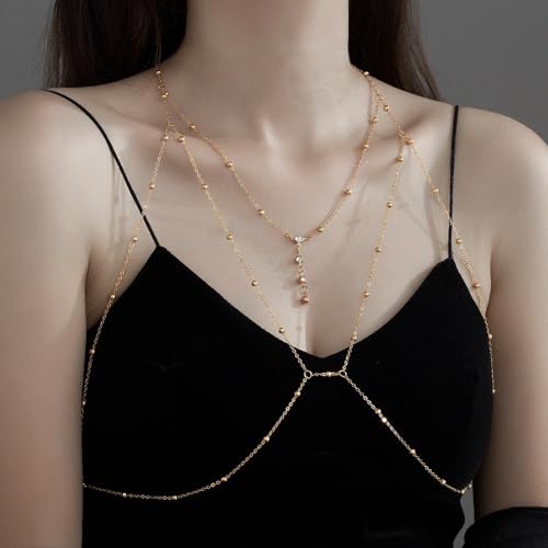 14K Gold Plated Body Chains for Women, Sexy Layered Belly Waist Chain Crossover Bikini Bra Chain, Summer Beach Rhinestone Body Jewelry - style: Gold 4 Diamonds