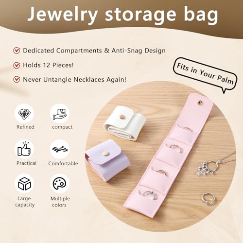 3Pcs Mini Travel Jewelry Bag, Portable Travel Jewelry Organizer, Small Travel Jewelry Pouch for Women, Mini Travel Jewelry Bag for Earrings, Rings, Necklaces, White Pink Purple