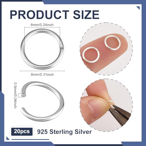 PH PandaHall 925 Sterling Silver Open Jump Rings, 20pcs O Ring Connector Metal O Rings Jewelry Findings for Earring Bracelet Necklace Keychain DIY Craft Jewelry Making, 19 Gauge (OD 8mm, ID 6mm)