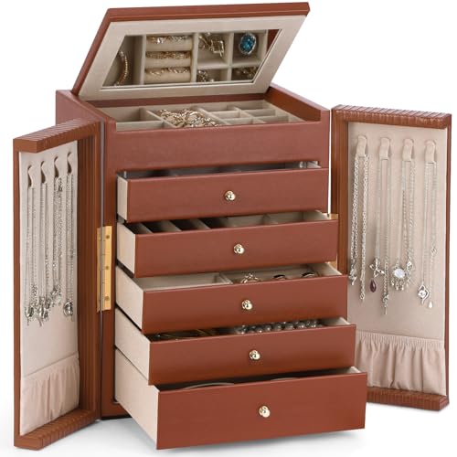 Dajasan Large Jewelry Organizer Box, 6-Tier Jewelry Storage Case with 5 Drawers, Jewelry Boxes for Women Girls with Mirror, Double Door, Textured PU Leather, Gift Idea, Stylish (Brown + Gold) - color: Brown