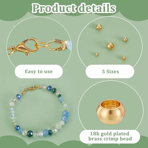 PH PandaHall 18K Gold Plated Brass Tube Crimp Beads 500Pcs 5 Sizes Rondelle Spacer Bead Loose Connector Beads for DIY Jewelry Necklace Bracelet Crafts 2mm 2.5mm 3mm 4mm 5mm, 1~4mm Hole