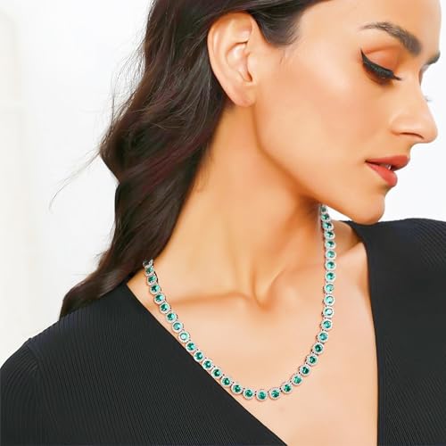 Gemsme 18K White Gold Plated Halo Necklace 5.0mm Round Cubic Zirconia Classic Tennis Necklace - color: White Gold - Green, size: 22 inch