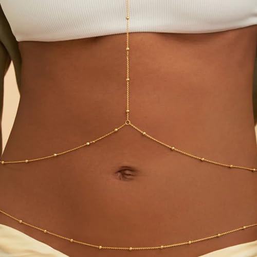 14K Gold Plated Body Chains for Women, Sexy Layered Belly Waist Chain Crossover Bikini Bra Chain, Summer Beach Rhinestone Body Jewelry - style: Gold Beads
