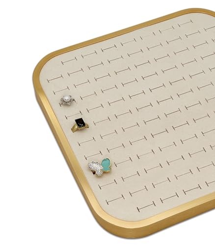 TheDisplayGuys - Aluminum Jewelry Organizer Display Tray - Faux Suede Insert - 104 Ring Holder Slots - Gold/Beige - color: Beige Suede, size: Ring Slots - 104, style: Aluminum - Gold