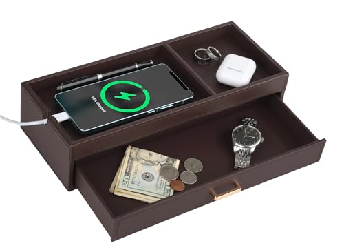 HofferRuffer Valet Jewelry Tray Organizer with Drawer, Faux Leather Storage Catchall Box Phone Charging Station Tray with Dresser Nightstand Desktop Drawer Organizer (Dark Brown) - color: Dark Brown