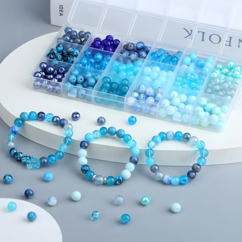 DUQGUHO 8mm Blue Beads for Jewelry Making Blue Glass Beads for Crafts Round Bead Bracelet Kit 360PCS - color: 7-Blue
