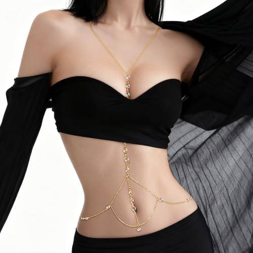 Body Chain,Body Jewelry for Women,Sexy Layered Chest Chain,Layered Adjustable Waist Jewelry for Beach Accessories,Gold Plated Waist Chains - color: Gold-A