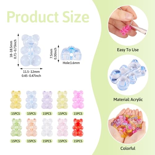 150Pcs Acrylic Gummy Bear Beads Clear Fake Gummy Bear Cute Candy Animal Kandi Bracelet Beads Flat Back Cabochons for Crafts DIY Jewelry Making Supplies 10 Colors 18x12mm - color: 11 Colors