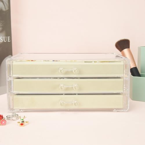Weiai Acrylic Jewelry Box 3 Drawers, Velvet Jewellery Organizer, Earring Rings Necklaces Bracelets Display Case Gift for Women, Girls, Beige - color: Beige