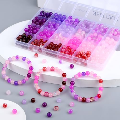 DUQGUHO 8mm Pink Purple and Red Beads for Bracelets Glass Beads for Jewelry Making 24 Colors Round Beads Bulk 520PCS - color: 13-Pink Purple Red
