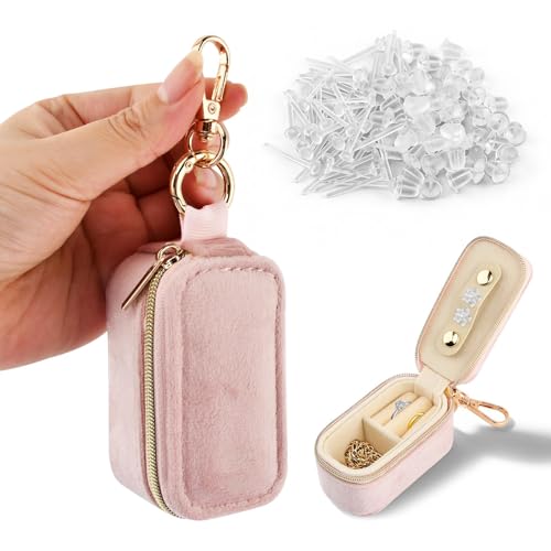 Velvet Mini Travel Jewelry Case, 2 in 1 Ring Holder Keychain + 50 Plastic Earrings, Portable Small Jewelry Organizer for Women, Travel/Gym/Wedding/Bridesmaid Gift - color: pink