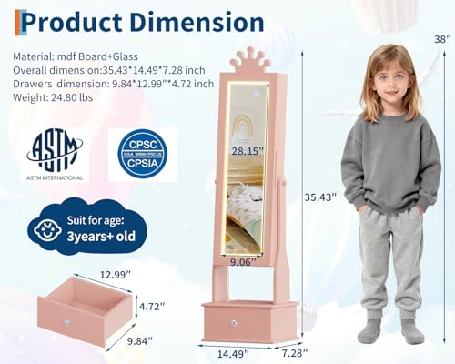Kids Jewelry Armoire Cabinet with Full-Length Mirror,46"Jewelry Armoire with Led Light, Kids Jewelry Organizer with 3 Storage Drawers,Kids Vanity Dress Up Mirror Jewelry Cabinet for Girls（light Pink) - size: Light pink