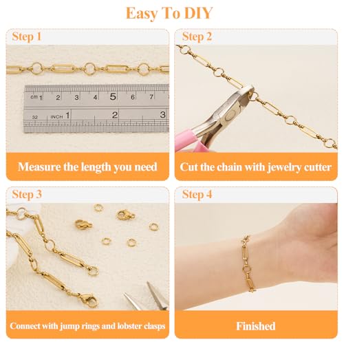 YOUBEIYEE 4 Meters Gold Plated Chains for Jewelry Making Stainless Steel Circle Paperclip Chain Roll with Jump Rings and Lobster Clasps - color: Circle Paperclip Gold