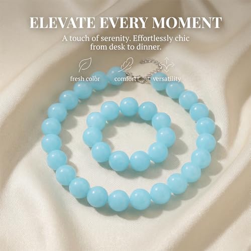 Colorful Chunky Beaded Necklace for Women Acrylic Bead Choker Necklaces Fashion Large Round Beads Necklaces for Women Handmade Summer Jewelry - color: Blue bracelet + necklace