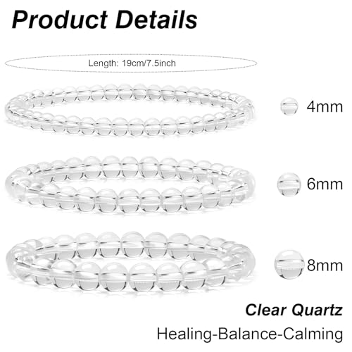 3Pcs Natural Healing Crystal Bracelets for Women Men, 4mm 6mm 8mm Beaded Stretch Bracelet Set, Black Tourmaline Natural Stone Gemstone Jewelry Gifts for Meditation, Reiki & Yoga - color: Clear Quartz