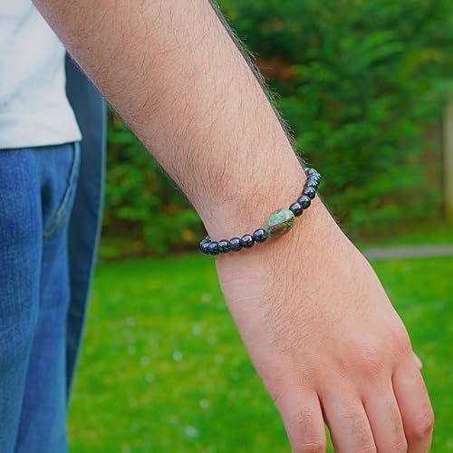 Black Obisidian Bracelets for Men 8" Inch Full Stretch Healing Crystal Bracelet, Beaded Charm Bracelet for Men Gifts Fathers Day Anniversary Birthday Gifts for Him - color: Chrysoprase & Black Obsidian Charm Bracelets